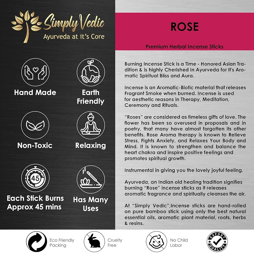 Simply Vedic Rose Incense Sticks 250g with Holder – 135 Hand-Rolled Agarbatti | Natural, Charcoal-Free, Long-Lasting Floral Aroma for Meditation, Yoga, Aromatherapy, Spiritual Healing & Gift Use